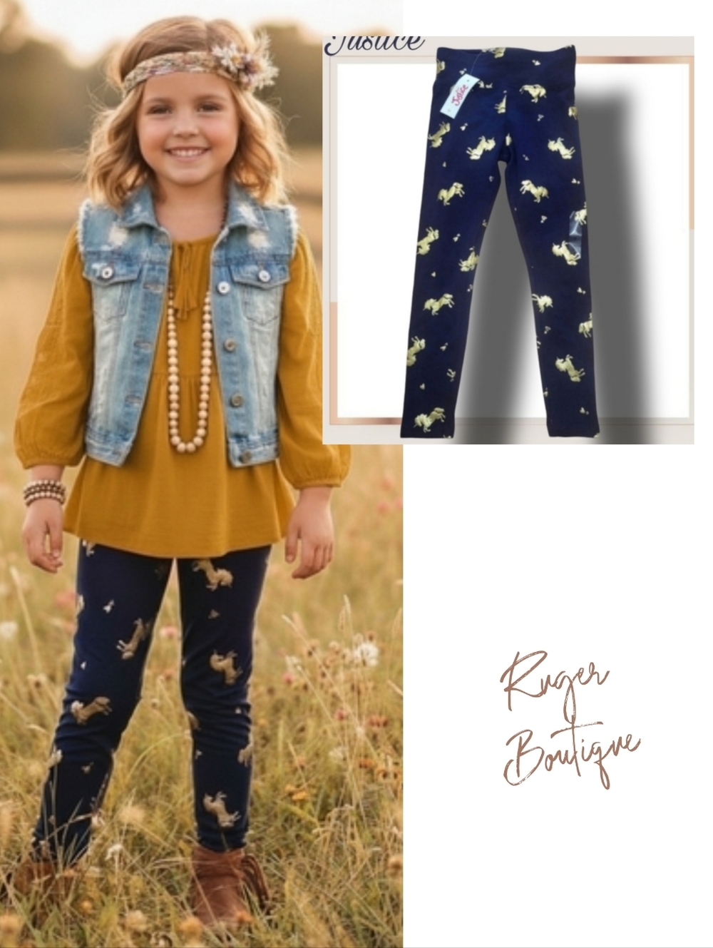 🌿Justice Girls Size 6 Navy & Gold Unicorn Leggings, NWT🦄